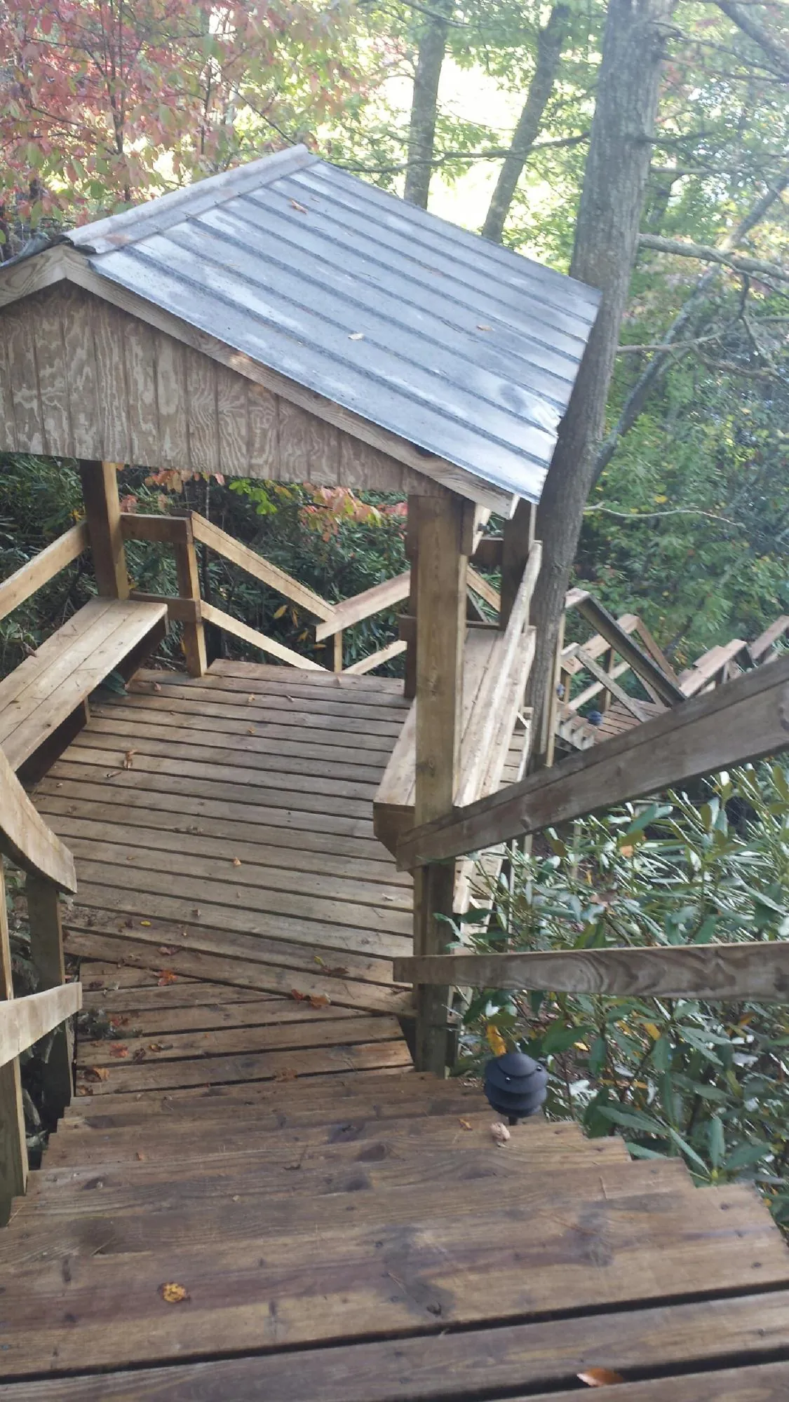Metal roofed shelter over wooden steps on a wooded walkway — Skylight Repair & Installation work by our crew in Brockway